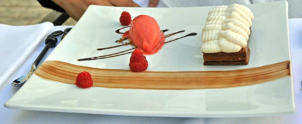 Nougat cake, meringue and a raspberry and pepper sorbet