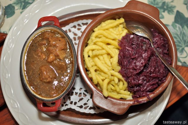 wild boar goulash, spaetzle, German cuisine, Rudesheim, Hotel Zum Grunen Kranz