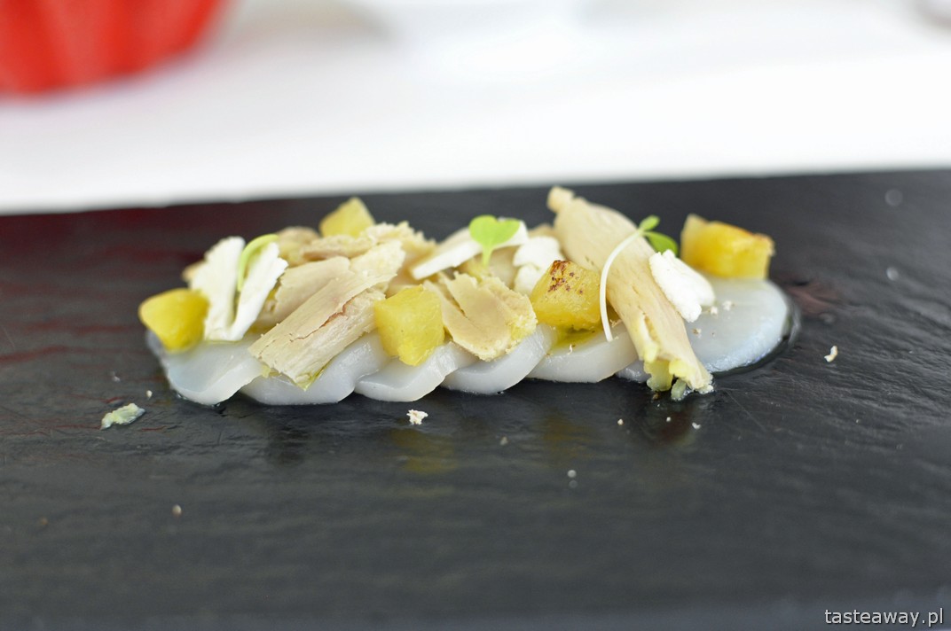 carpaccio, małże św. Jakuba, przystawka, Casa Pablo, kuchnia hiszpańska, Gonzalo de Salas